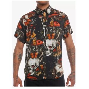 Skull Mushroom Butterfly Dark Botanical Print Button Down Shirt XL 22x26